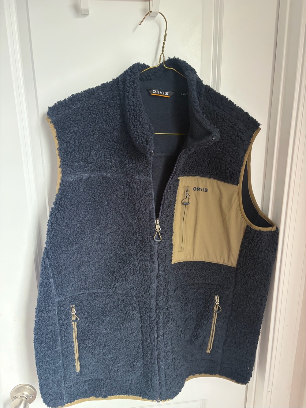 Orvis Men's Navy Sherpa Vest with Tan Pocket Accents